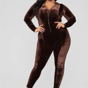 NWT- Fashion Nova Chocolate Dream Velvet Jumpsuit Size L